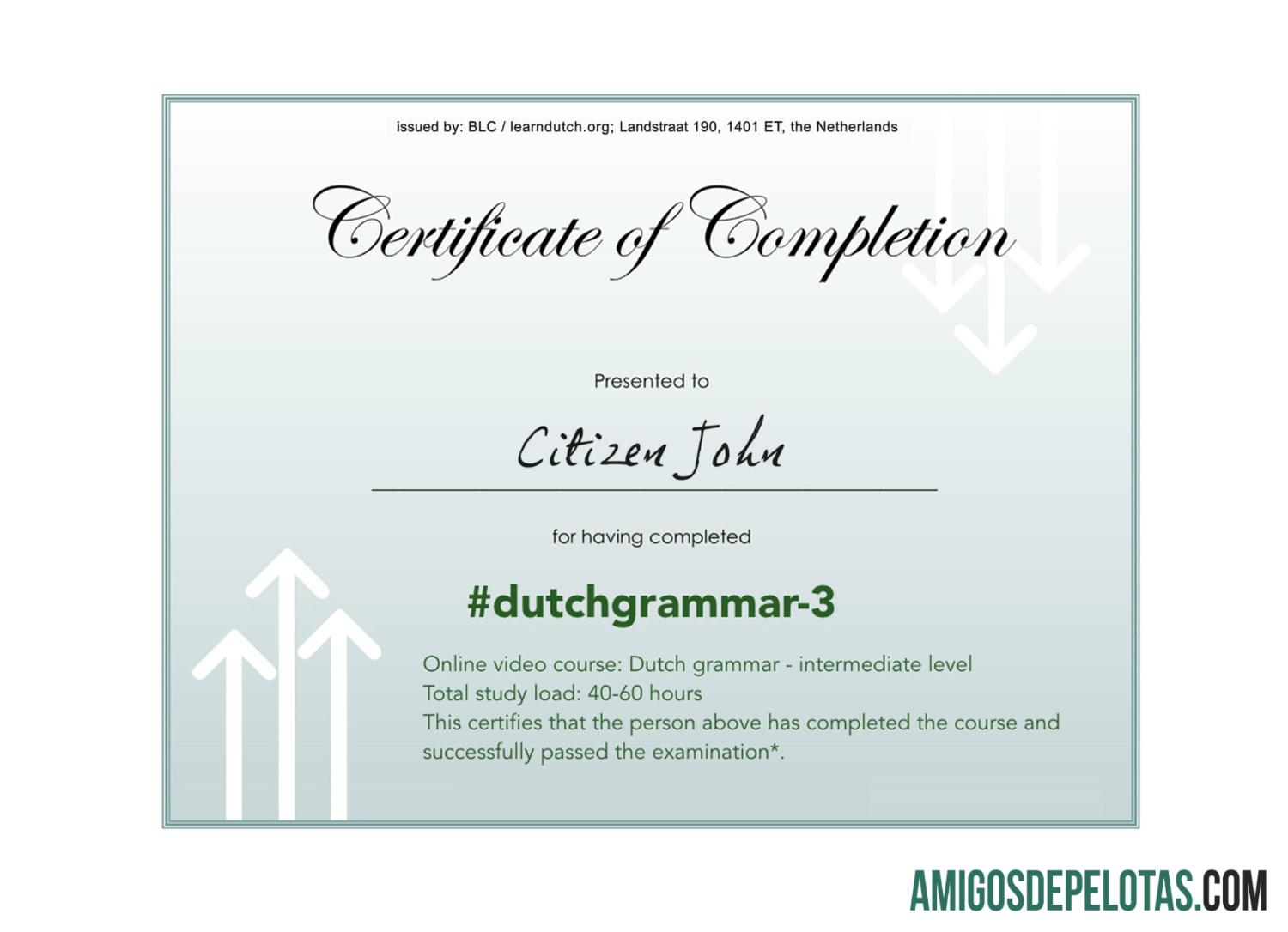 Certificado de conclusão de gramática da língua holandesa, amostra PSD, totalmente editável amostra